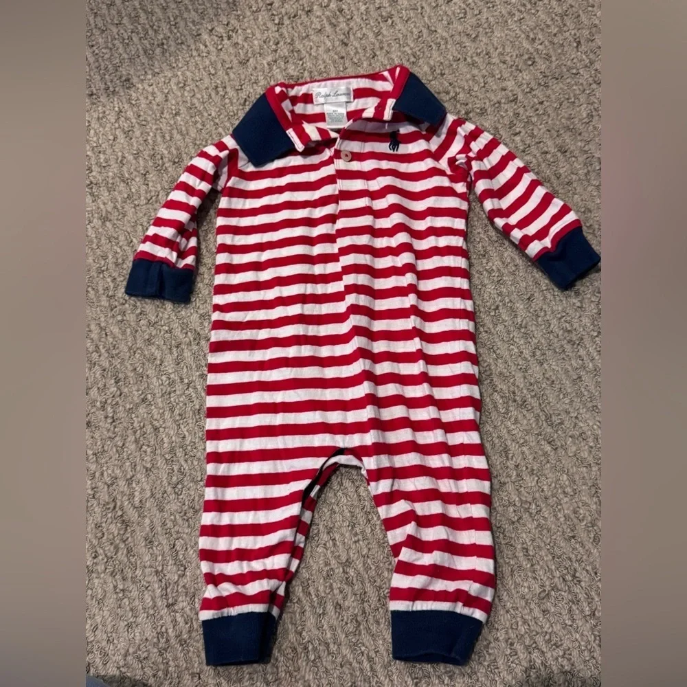 Ralph Lauren Striped Red and White Footie with Navy Accents